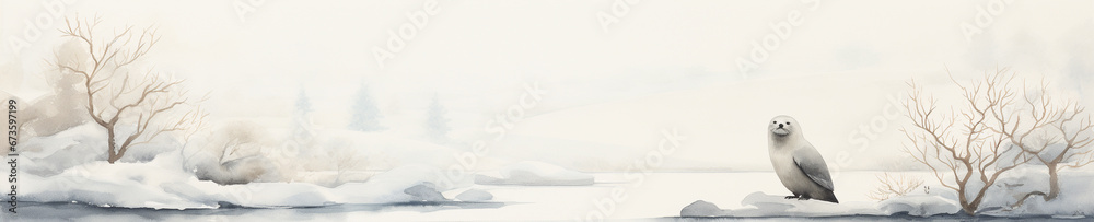 Obraz premium A Minimal Watercolor Banner of a Seal in a Winter Setting