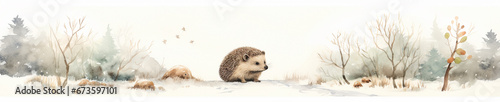 A Minimal Watercolor Banner of a Hedgehog in a Winter Setting