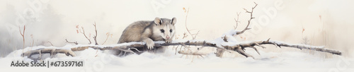 A Minimal Watercolor Banner of a Opossum in a Winter Setting © Nathan Hutchcraft