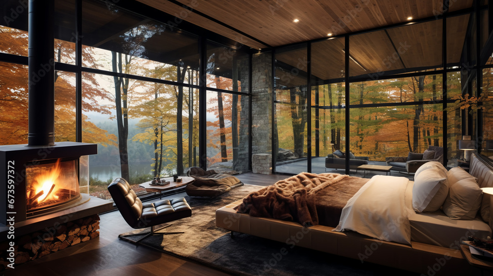 Bedroom on modern interior house in mountains, big panoramic window with forest and mountain view