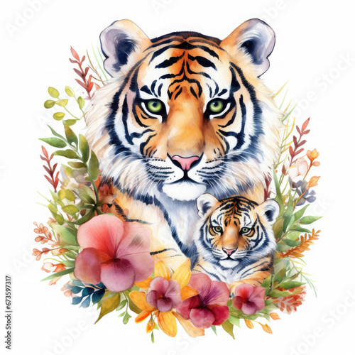 Cute mother tiger with baby with flowers Illustration  Generative Ai