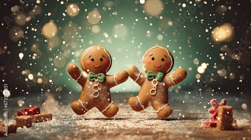A delightful assortment of Dancing gingerbread man Christmas cookies  perfect for holiday celebrations. Bokeh background