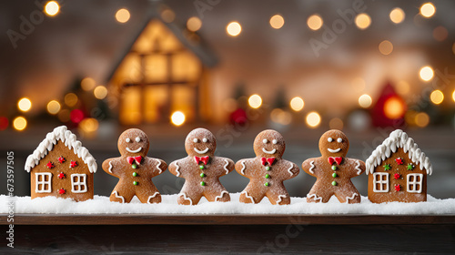 A delightful assortment of  gingerbread man Christmas cookies, perfect for holiday celebrations. Bokeh background © Pui