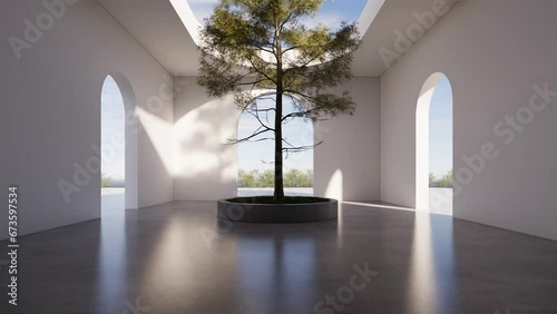Indoor tree architecture with natural cloud view arches and background, natural floor, with time-lapse, illustration 3d rendering