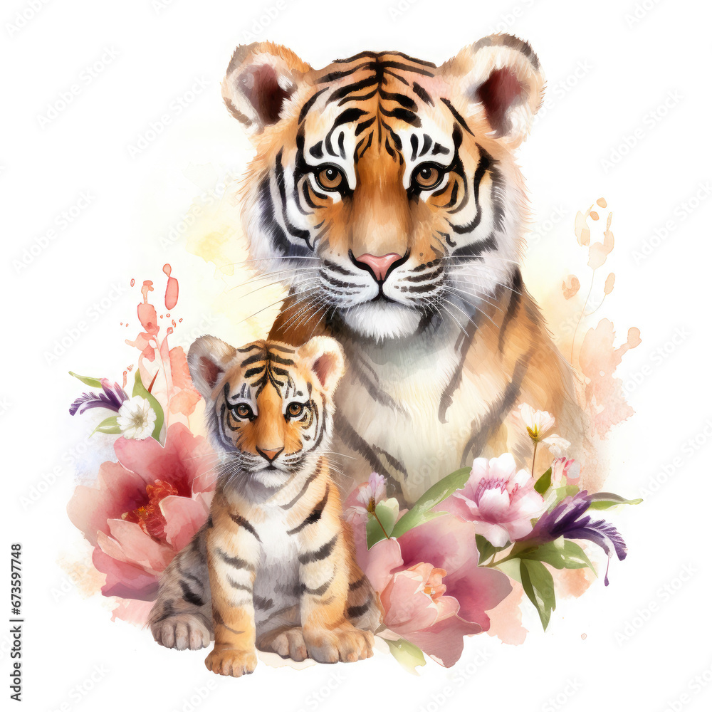 Cute mother tiger with baby with flowers Illustration, Generative Ai