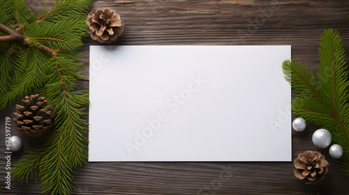 Close up of a white sheet of paper on a grey wood desk, top view, spruce branches,cones christmas tree toys.