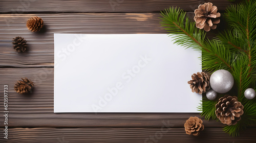 Close up of a white sheet of paper on a grey wood desk, top view, spruce branches,cones christmas tree ornaments.