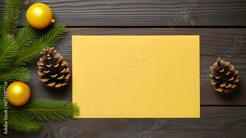 Close up of a yellow sheet of paper on a grey wood desk, top view, spruce branches,cones christmas tree toys.