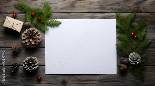 Close up of a white sheet of paper on a grey wood desk, top view, spruce branches,cones christmas tree toys.