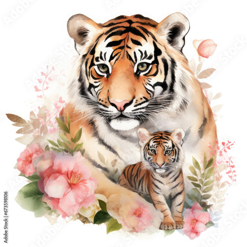 Cute mother tiger with baby with flowers Illustration  Generative Ai