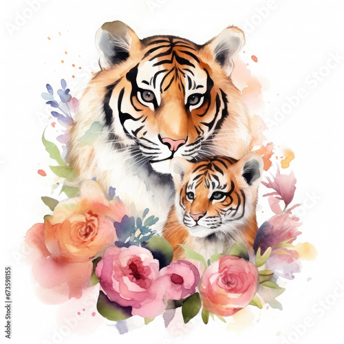 Cute mother tiger with baby with flowers Illustration, Generative Ai © Creative Artist