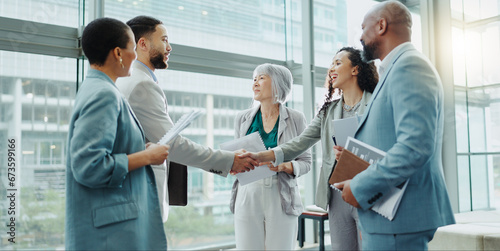 Business people, handshake and meeting in b2b, deal or agreement for teamwork or growth at office. Businessman shaking hands with woman in recruiting for team introduction, greeting or partnership