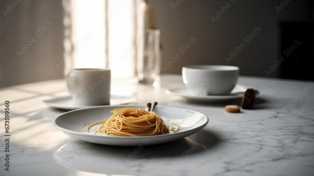 shot of a cup of coffee and a plate of spaghetti on the white marble table shot of a cup of coffee and a plate of spaghetti on the white marble table