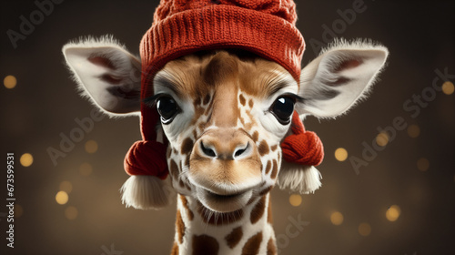 Cute giraffe in Santa Claus hat. Generative AI