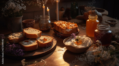 bread on a wooden table with flowers and jams