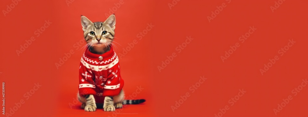 cat and dog wearing santa christmas sweater and knitted hat - obrazy, fototapety, plakaty 