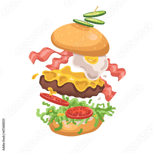 American hamburger fly. Delicious burger with meat float. Tempting cheeseburger with bacon. Levitation of ingredients. Unhealthy nutrition, fast food. Flat isolated vector illustration on white