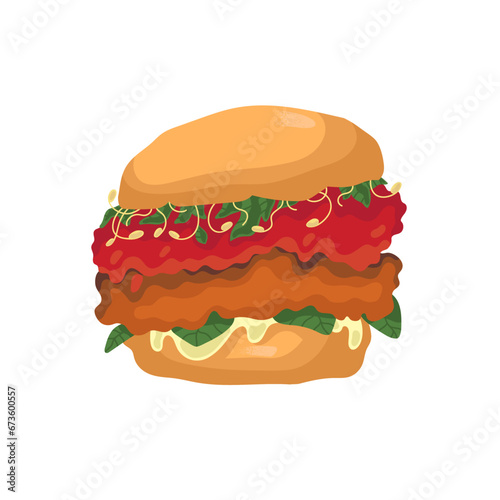 Delicious hamburger with meat. Tempting American, mexican burger. Spicy sandwich with microgreens. Fast food, unhealthy nutrition. Flat isolated vector illustration on white background