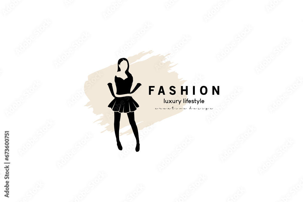 Vector silhouette of woman with short dress and stockings hands and feet, women fashion logo