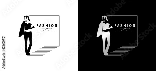 Women's clothing suit logo design with jacket carried on the shoulder, women's formal fashion logo