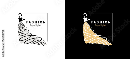 Women's long dress fashion logo design with abstract hand drawn fabric model