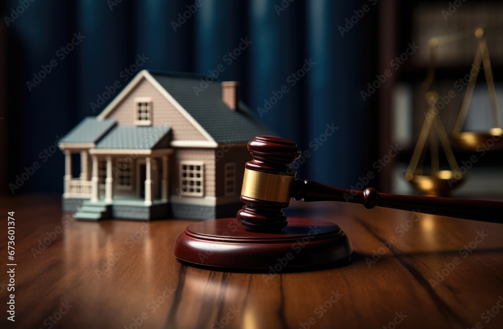 Gavel with model house on a table with home insurance and law home concept. Gavel with model house on a table with home insurance and law home concept.