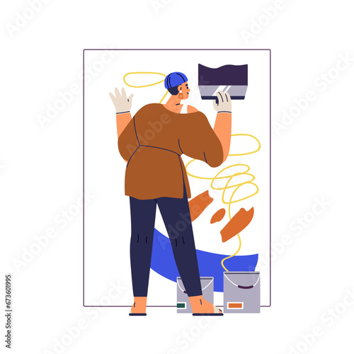 Woman artist painting with spatula on canvas. Creative female painter creating with paint. Modern contemporary abstract art. Artwork creation. Flat vector illustration isolated on white background