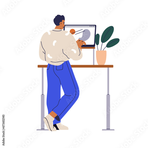 Employee at stand desk, comfortable workplace. Creative designer works at adjustable computer table. Digital artist at laptop, notebook PC. Flat vector illustration isolated on white background