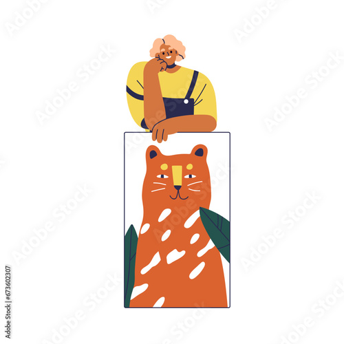 Happy girl artist showing painting in modern style. Creative woman, female pa...