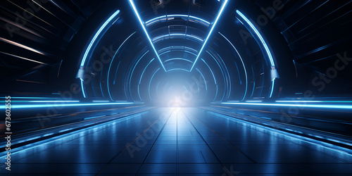 A tunnel aglow with azure lights against a deep Luminous Underground Corridor 