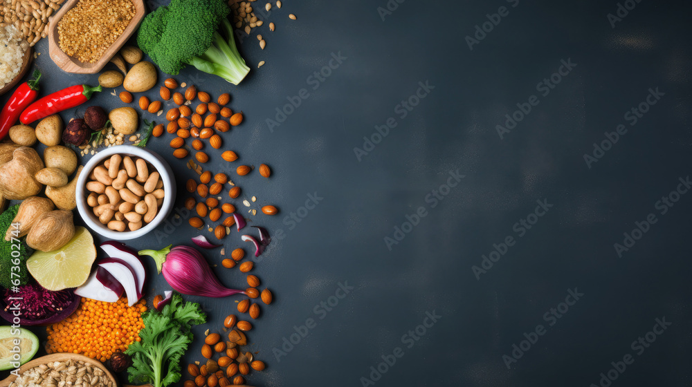 Healthy food background. Vegetables, fruits and legumes on dark background. Banner. - obrazy, fototapety, plakaty 