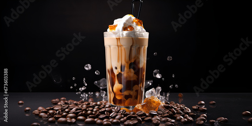 Refreshing Ice Coffee: Creamy Indulgence with Ice Cubes and Beans on Dark black background,Iced Coffee in a Tall Glass with Cream Poured Over: Frosty Coffee Joy