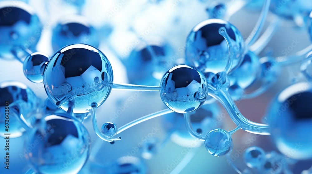 Abstract molecules design. Atoms. Molecular structure with blue spherical particles. - obrazy, fototapety, plakaty 