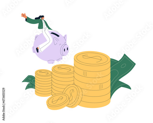 Saving, investing money, growing capital. Rich woman on piggybank, growing cash, finance. Financial deposit, investment, wealth concept. Flat vector illustration isolated on white background