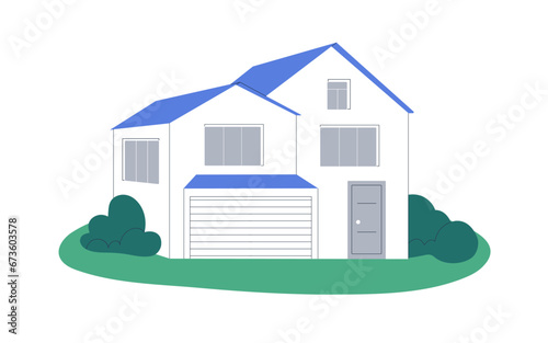 House building exterior. Residential home facade. Real estate, property. Residence construction with garage, windows, residence architecture. Flat vector illustration isolated on white background