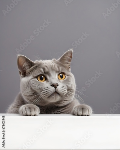 cute grey cat peeking out from behind a white table 