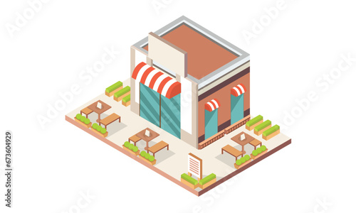 isometric coffee shop building.on white background.3D design.isometric vector design Illustration.