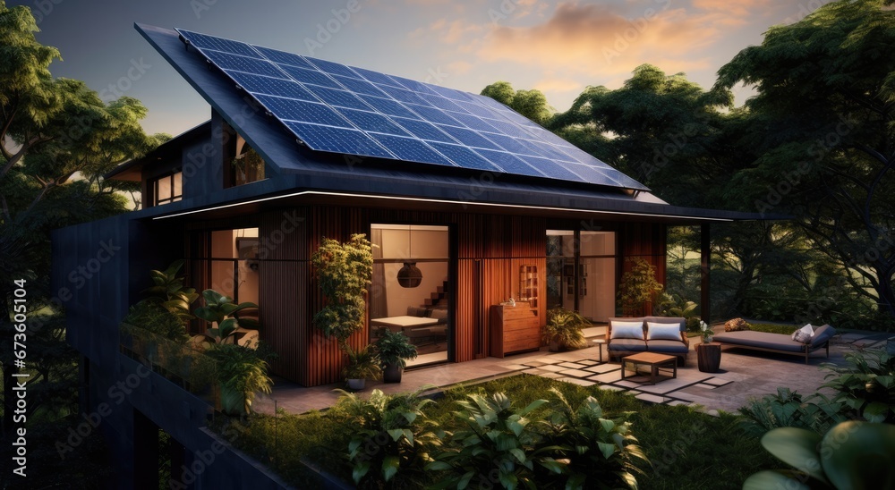 House that has solar panels on the roof. - obrazy, fototapety, plakaty 