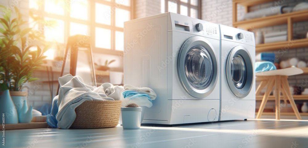 White laundry room with a lot of laundry supplies. White laundry room with a lot of laundry supplies.