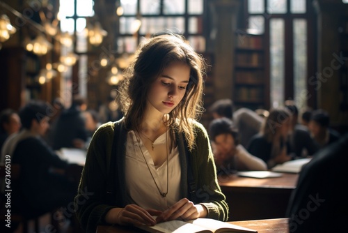 Una chica joven leyendo un libro en la biblioteca