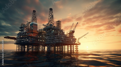 Large Offshore oil rig drilling platform at sunset and beautiful sky in the gulf. © Goojournoon