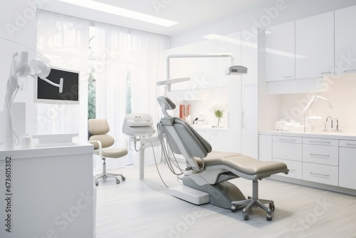 Modern dental practice. Dental chair and other accessories and medic light. © Goojournoon