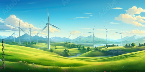 Solar panels, wind turbines and grass in front of mountains.