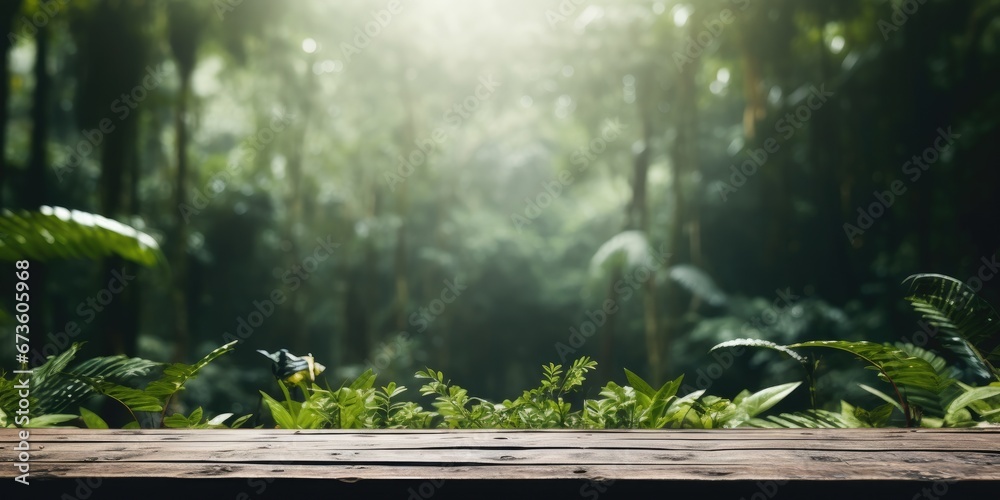 Wooden tabletop in the forest, background nature, There is space to place products. Wooden tabletop in the forest, background nature, There is space to place products.