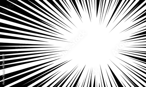 Concentrated comic lines, speed monochrome background. Cartoon zoom effect for anime or manga book. Superhero or explosion action frame. Black converging rays photo