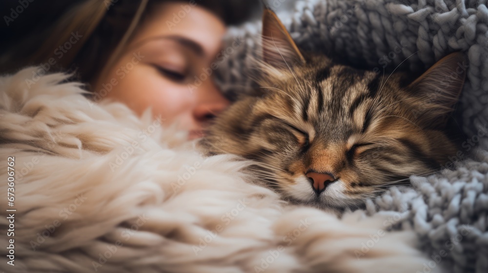 A contented cat curled up next to its sleeping owner A contented cat curled up next to its sleeping owner