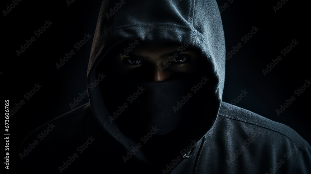 A criminal in a dark hooded jacket lurking in the shadows