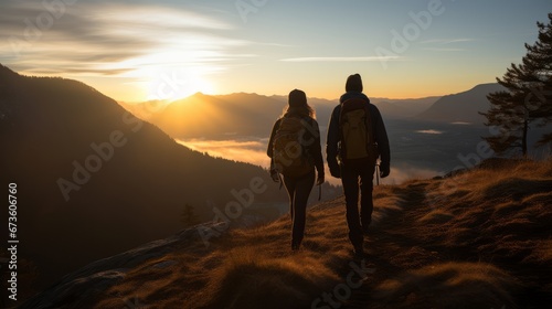 A couple hiking in the mountains at sunrise © Cloudyew