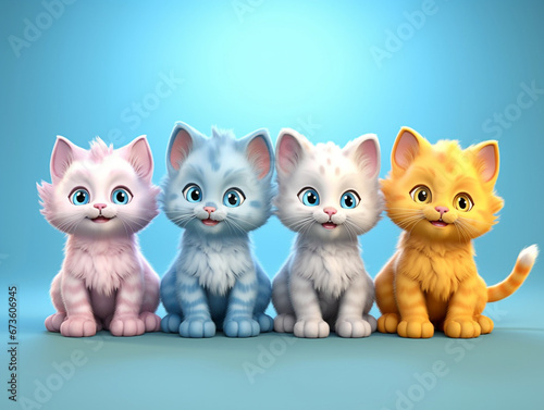 Colorful kittens isolated portrait on blue background