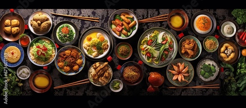 Assorted Chinese food set. Famous Chinese cuisine dishes on table. Top view. Chinese restaurant concept. Asian style banquet photo